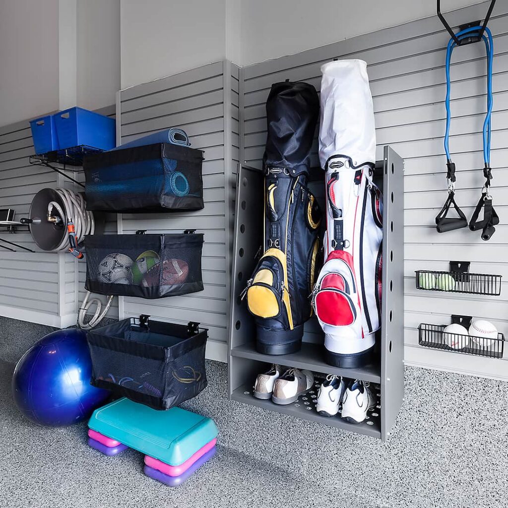 exercise equipment slatwall garage fitness room basketball court garage floor - The Fitness Room Garage - Garage Living