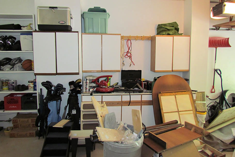 messy garage with cheap garage cabinets