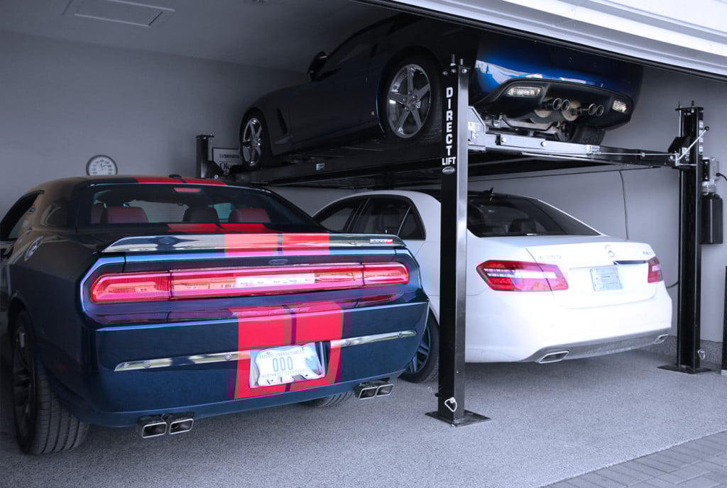 Maximize vehicle space with a car lift - Garage Living multi vehicle garage solution