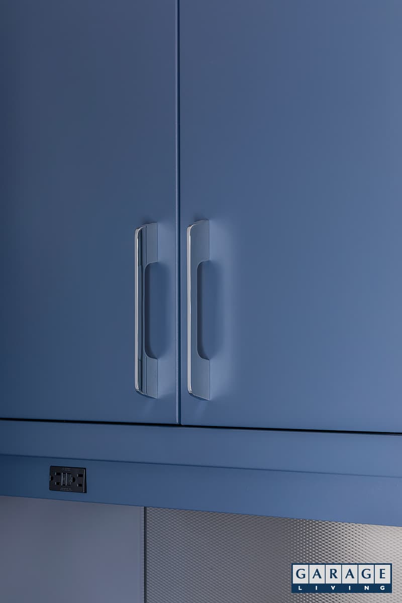 Harbor Blue cabinets details- Garage Living
