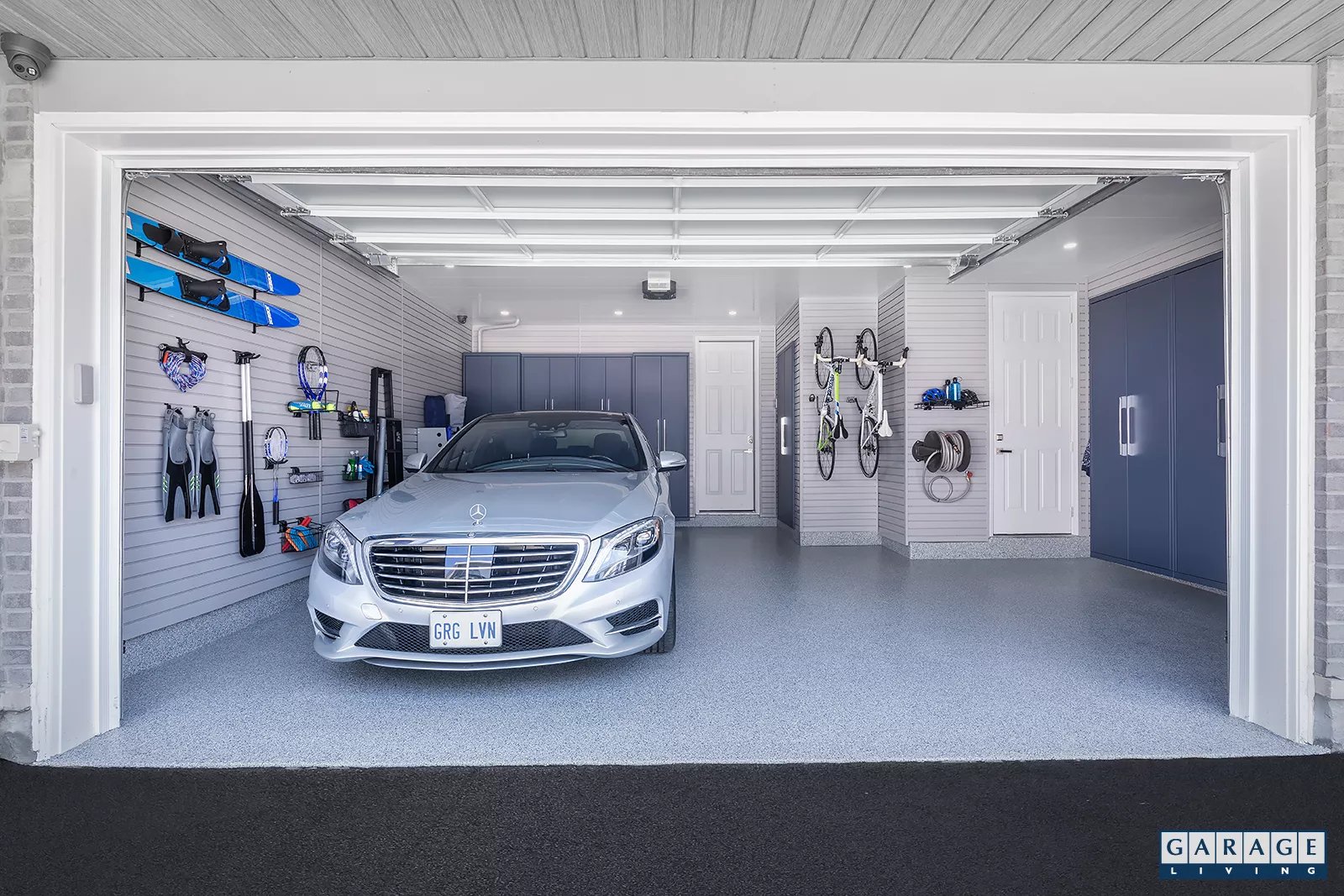 Harbor Blue with a parked mercedez benz front view- Garage Living