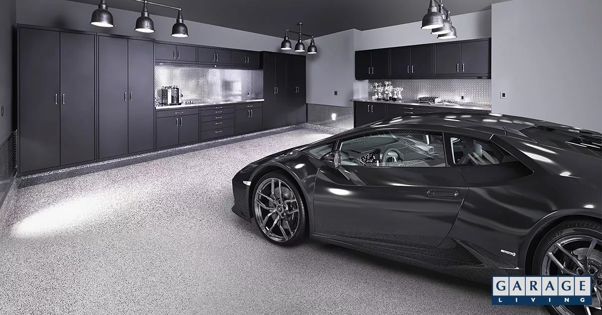 Black matte Garage Living Custom Steel cabinetry, a Floortex® floor coating (Charcoal), and a 2016 Lamborghini Huracán Spyder.